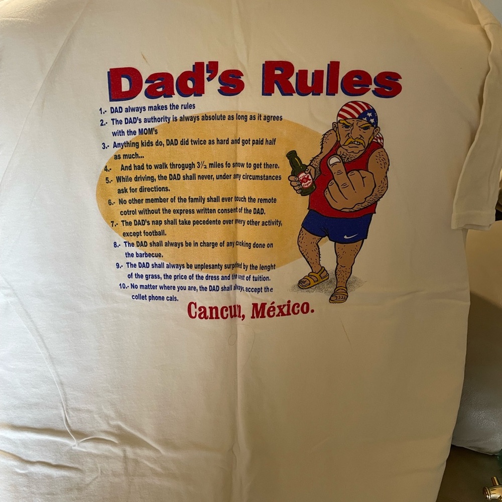White Graphic T-Shirt with Dad's Rules Print